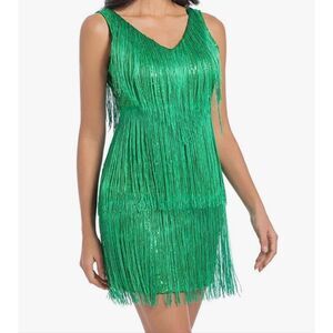 Women's Gatsby Green Flapper Roarin Cocktail Vintage Tassel Mini Dress 2XL NEW